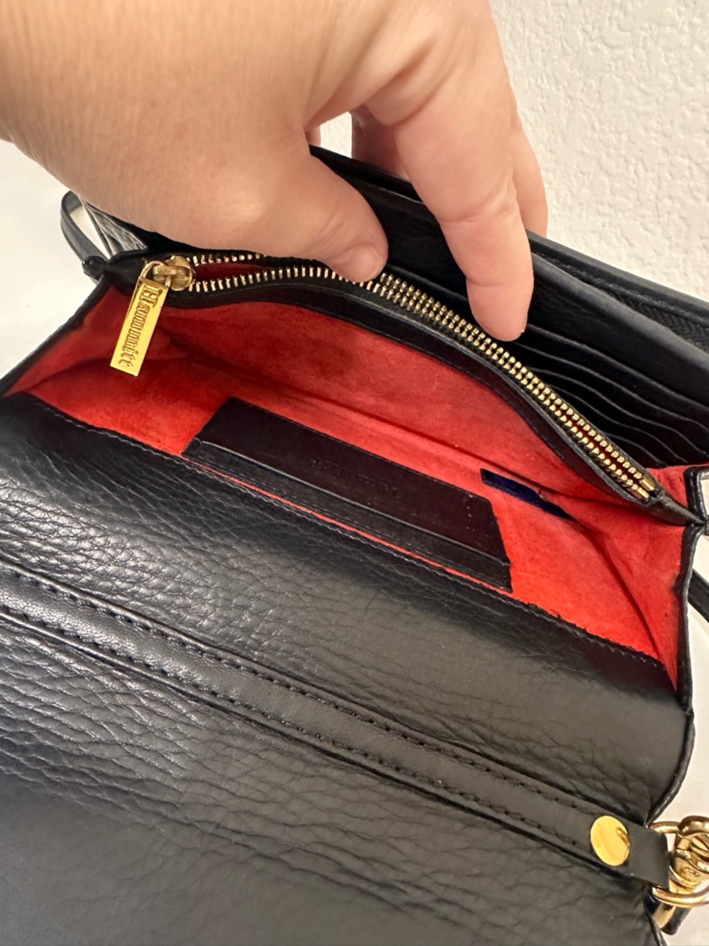 Hammitt Black Leather Crossbody Bag with Red Suede Interior Removable Strap - Picture 9 of 14